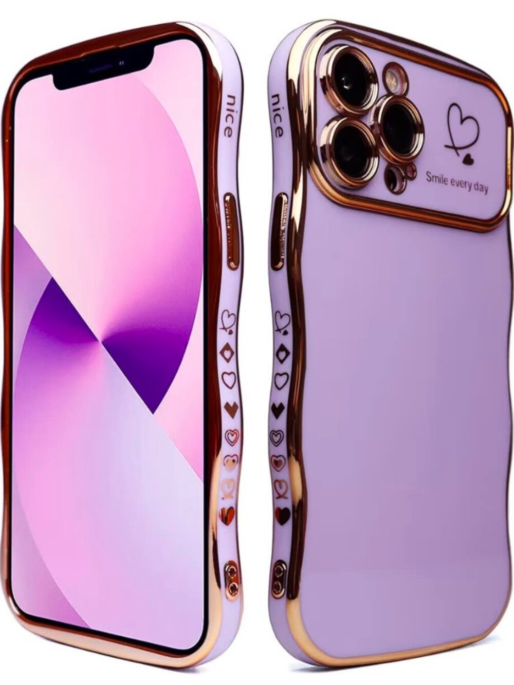 Like New iPhone 14 Pro Lavender & Gold Trimmed with Heart Case W/Finger Grip